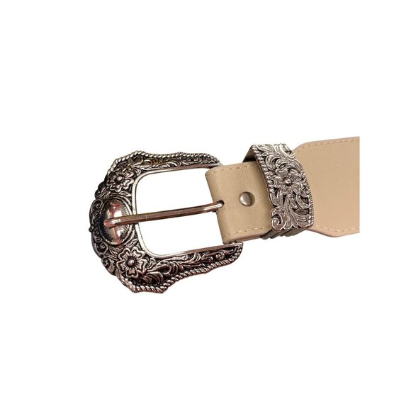 VTG Beige floral double buckle silver plated stretch wms belt SKU 9915 main image 9